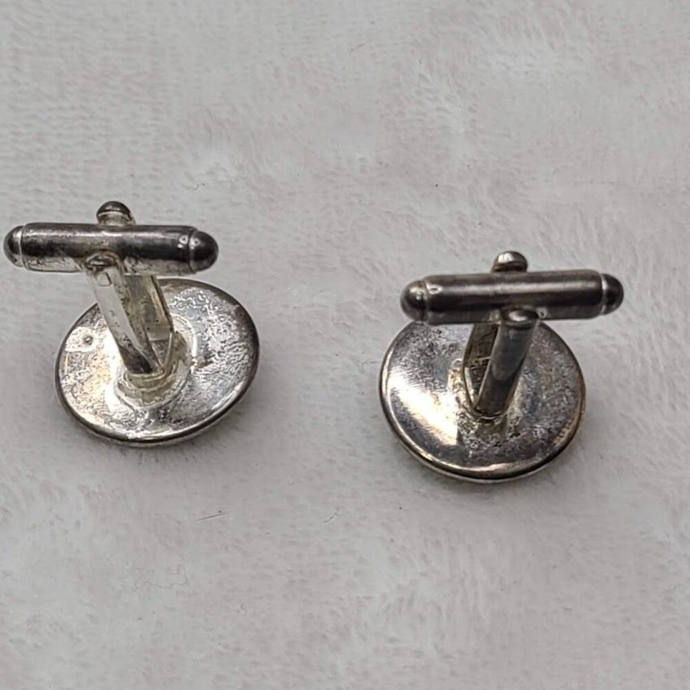 Vintage Houndstooth Pattern Round Cufflinks Black White Silver Tone - Picture 5 of 8